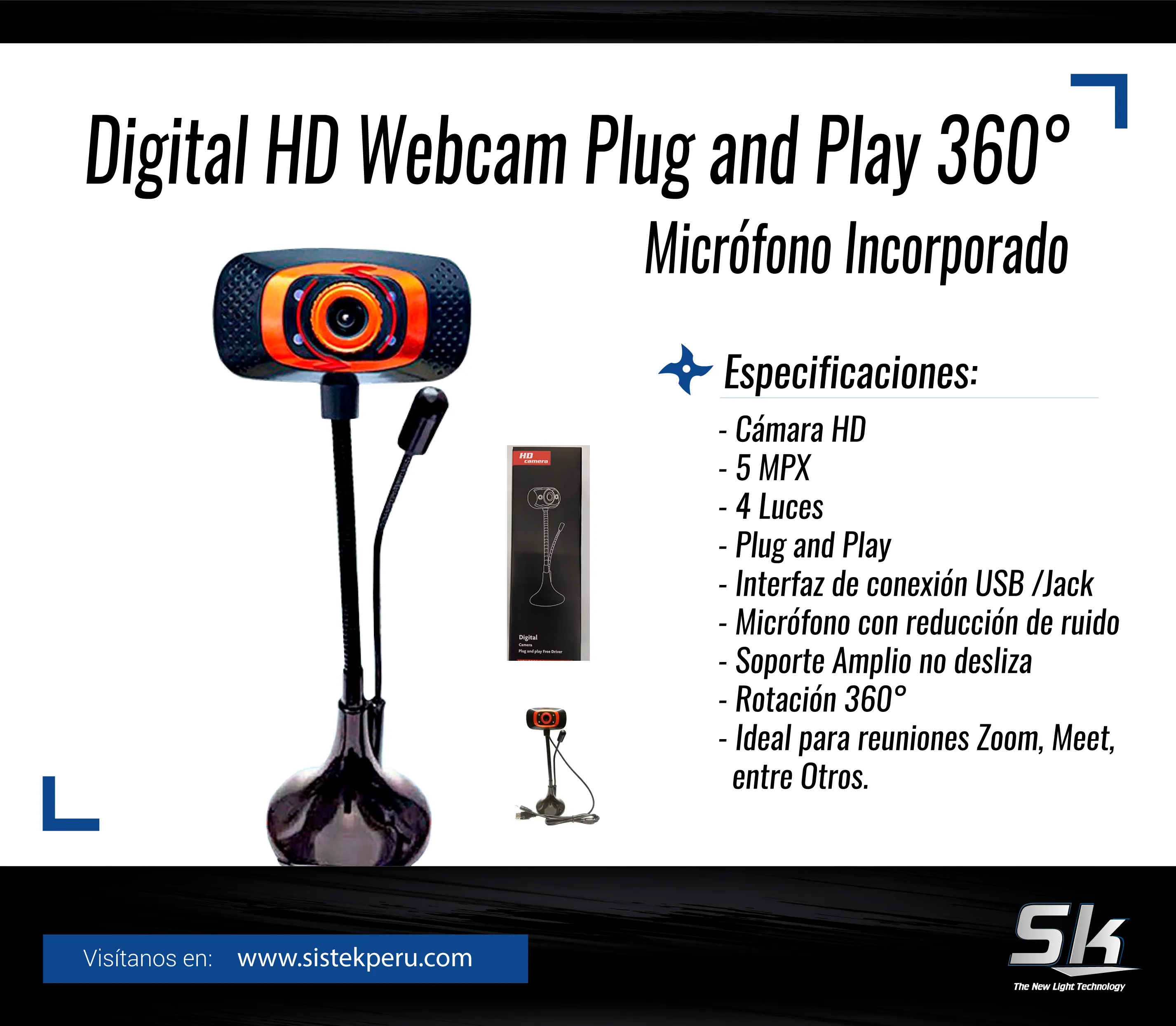 Digital HD Webcam Plug and Play 360grados microfono