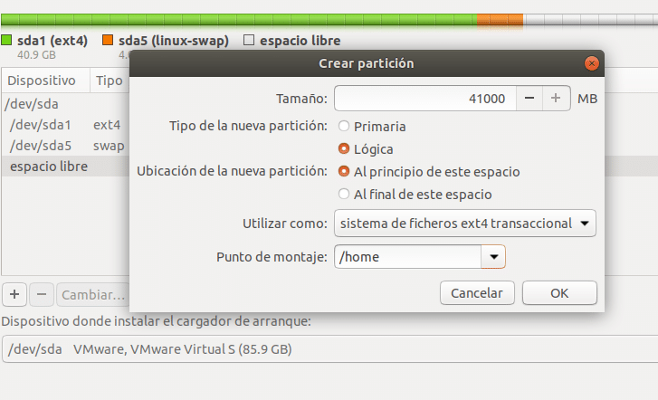 Particion home ubuntu vmware