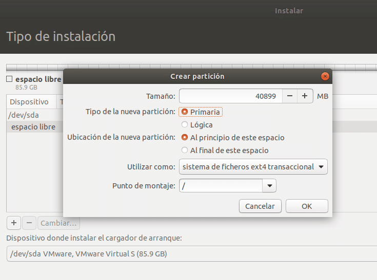 Particion raiz vmware ubuntu