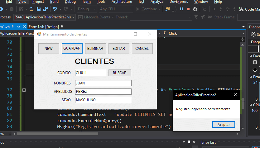 Caso en Visual Studio Practica2 haciendo mantenimientos a una tabla