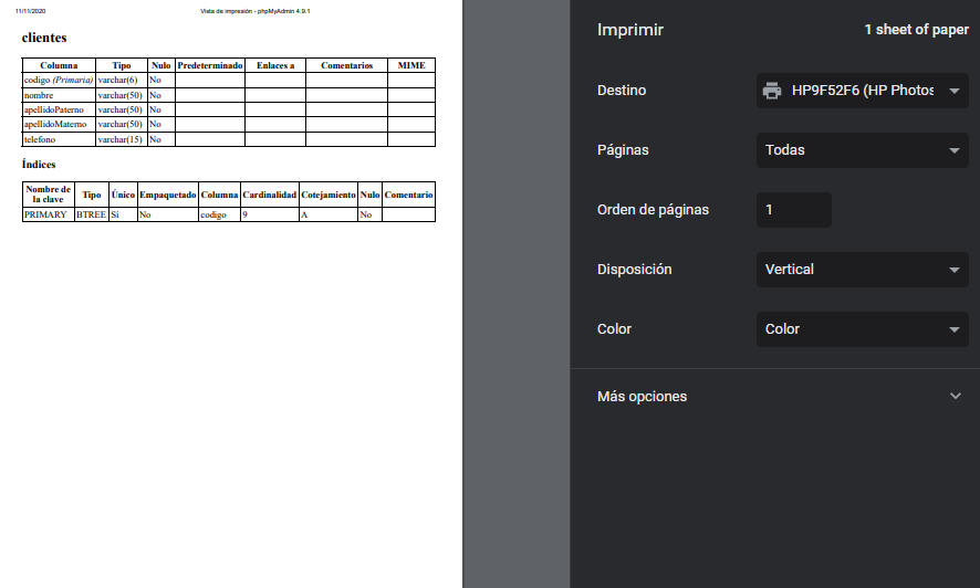 imprimir diccionario datos mysql