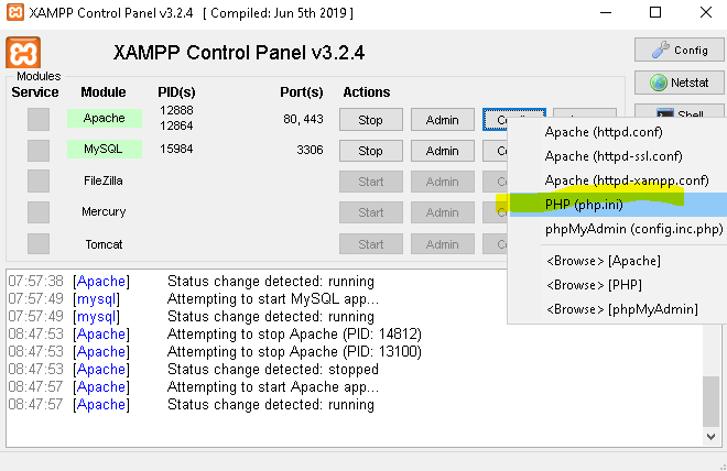 entrar php ini xampp