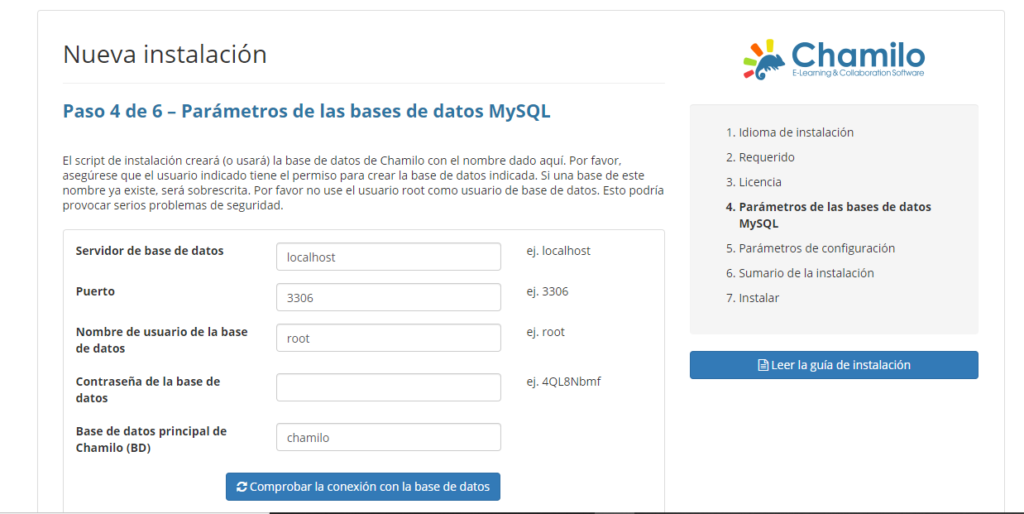 chamilo instalacion bd