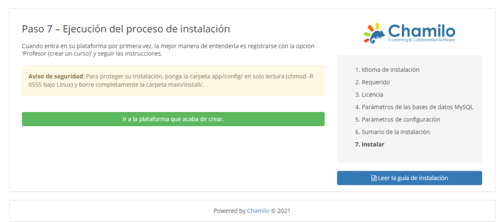chamilo instalacion finalizacion