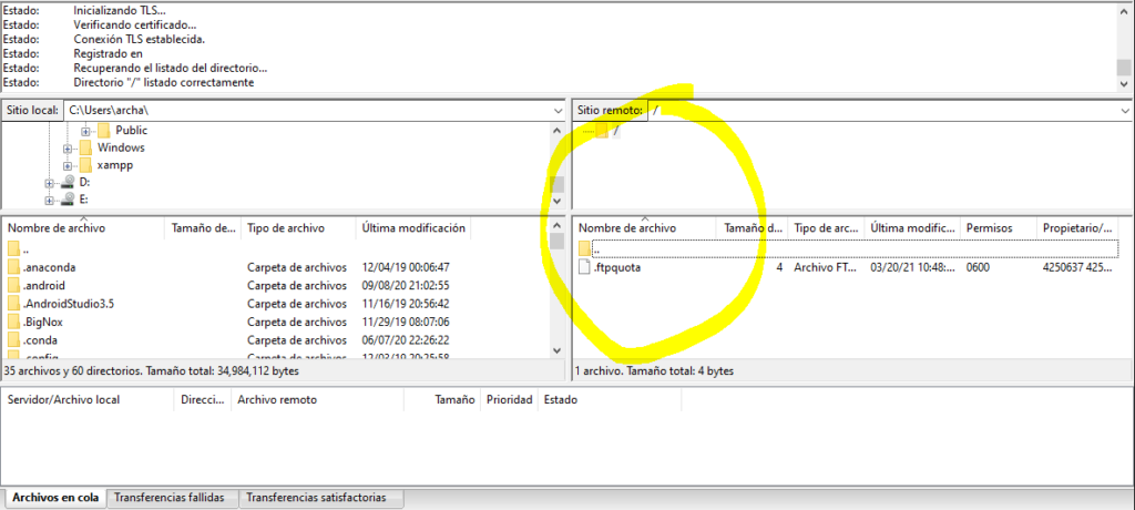 conexion exitosa filezilla