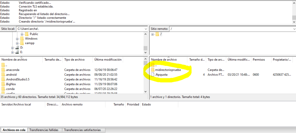creando directorio filezilla