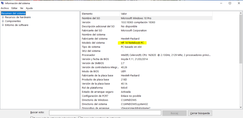 informacion sistema windows10