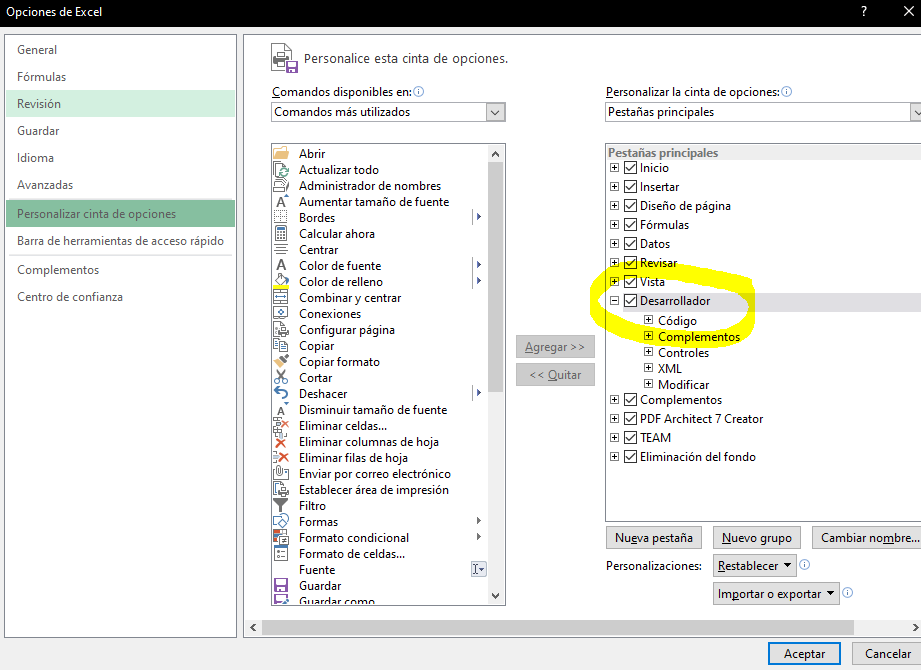 modo desarrollador activando excel