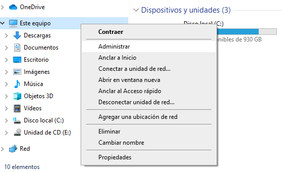 opcion administrar windows10