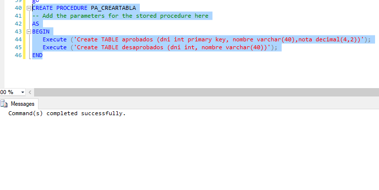 dbnotas procedimiento almacenado crear tabla