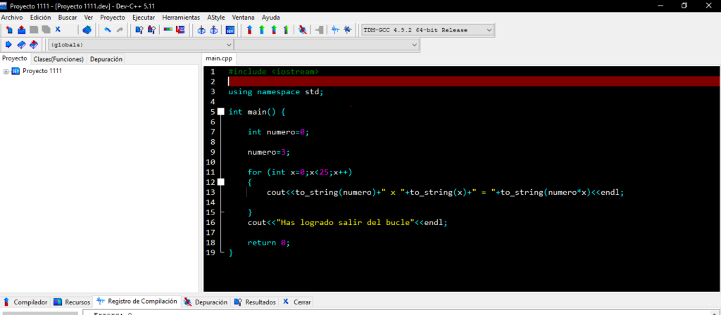 bucle for tabla multiplicar