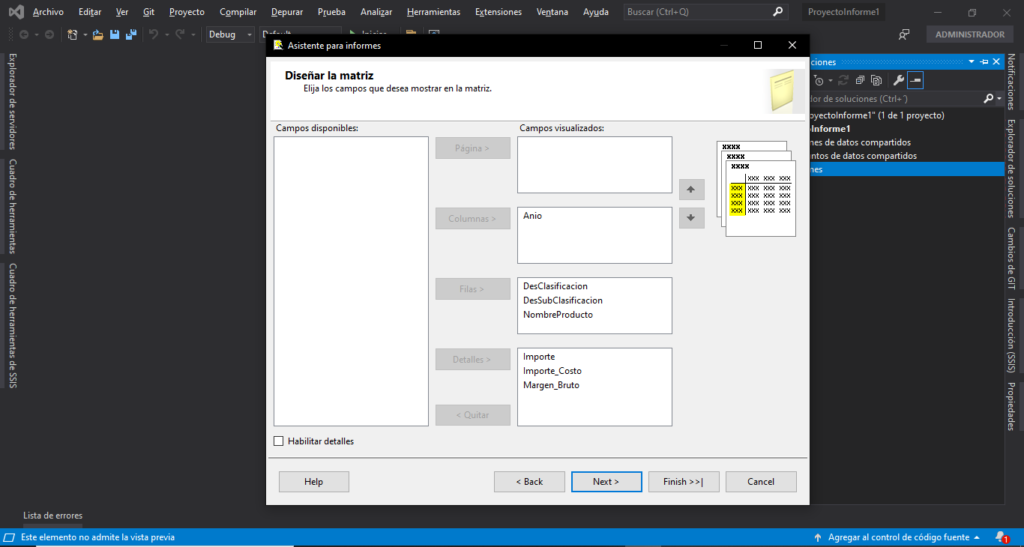 diseño matriz reporting services cubo