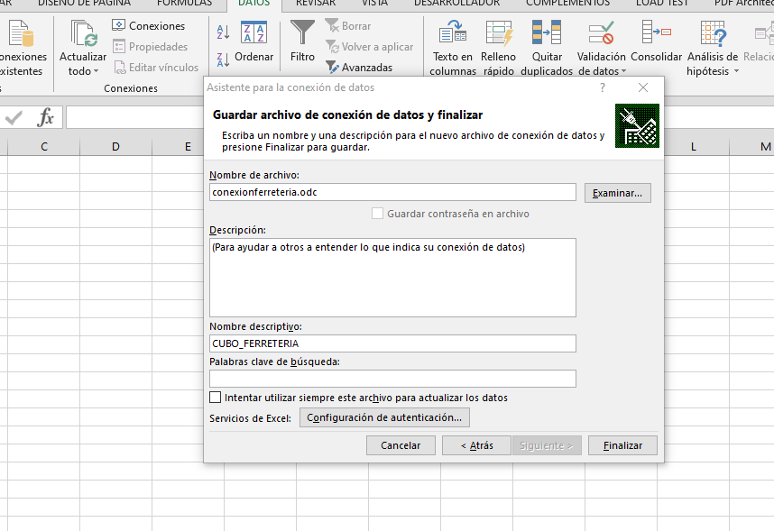 guardar archivo configuracion analysis services excel