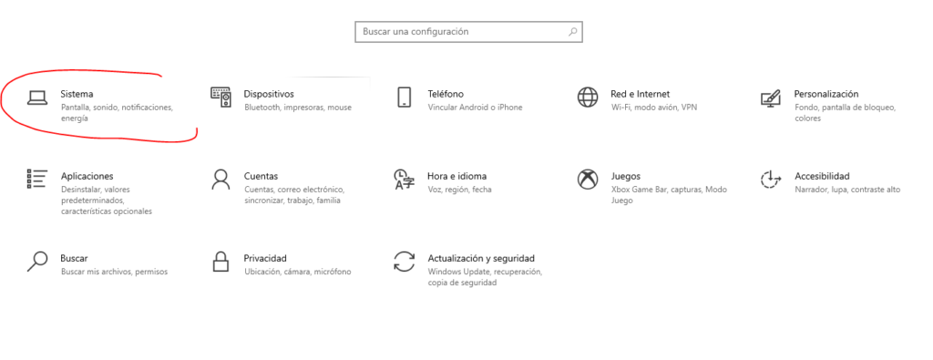 seccion sistema windows 10